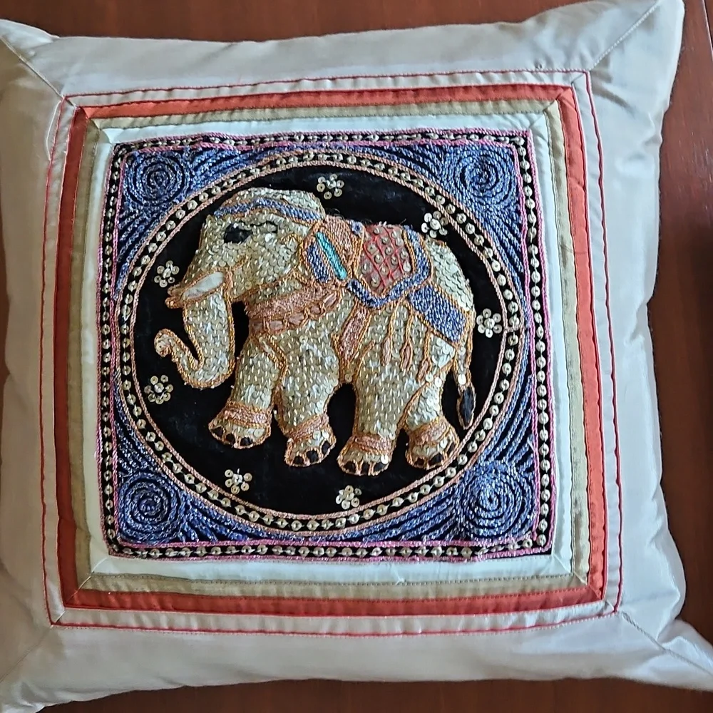 Throw Pillow Cover Set Elegant Thai Elephant Sequin Embroidered Set - 1980's